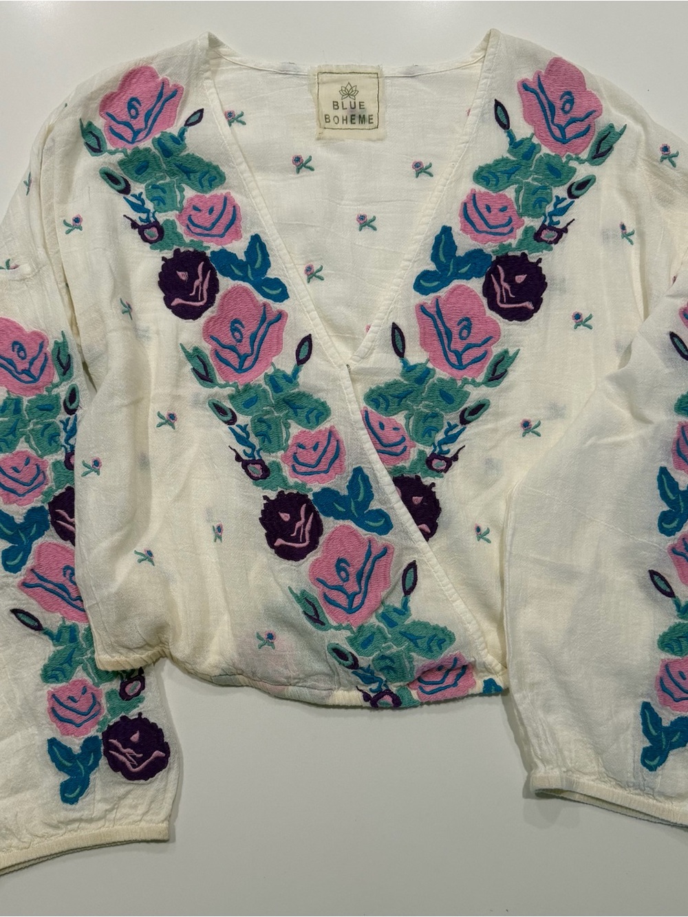 Boheme White Wrap-Style Blouse with Pink & Purple Floral Embroidery
